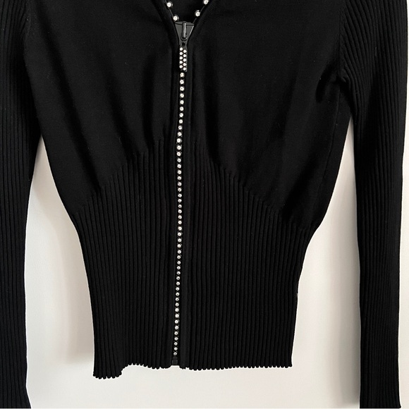 Bellini Y2K Black Ribbed Zip Front Cardigan Sweater Rhinestone Trim Size M - Picture 4 of 8